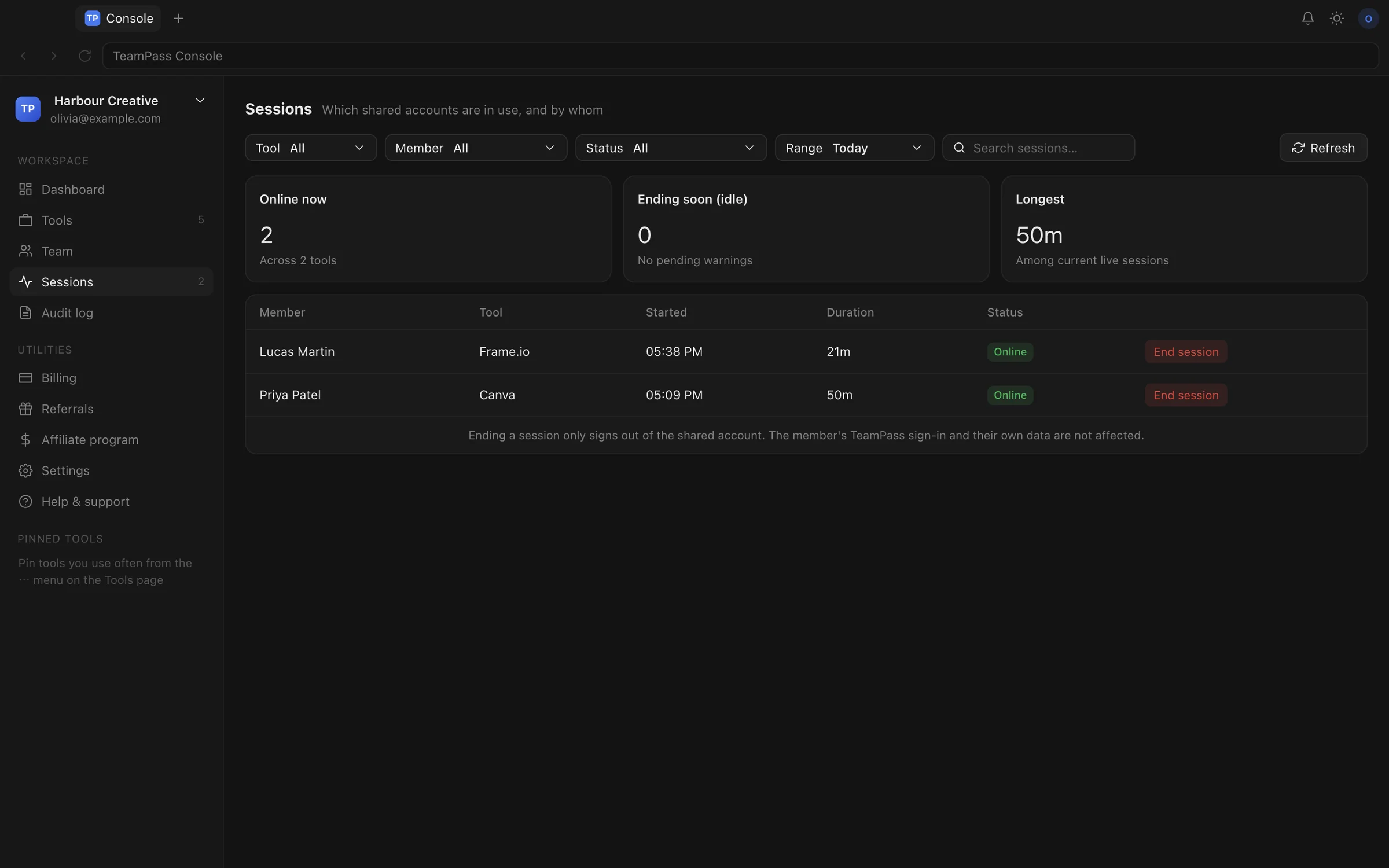 Sessions page showing two members online with an End session button